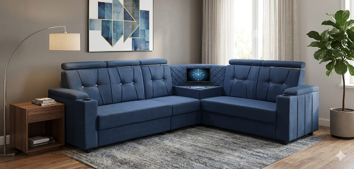 Custom blue L-shaped sectional sofa set